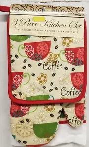 3pc KITCHEN SET: 1 POT HOLDER,1 TOWEL & 1 OVEN MITT,COLORFUL COFFEE CUPS # 2, BH