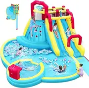 ELEMARA Inflatable Water Slides, 7 in 1 Inflatable Water Park for Kids and Adults with 750W Blower, Double Inflatable Water Slides, Splash and Deep Pool, Climbing Wall, Water Spray, Water Canon