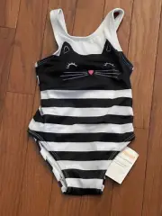 New Gymboree Outlet Black and White Striped Cat Face Swimsuit Size 6-12 months