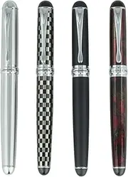 Jinhao 4 PCS X750 Fountain Pen Set, 4 Colors (Black, Red, Silver, Checked), Medium Nib With Ink Converter, Silver Trim, Gift Box