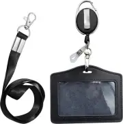 Horizontal Leather ID Badge Holder with Retractable Badge Reel and Lanyard