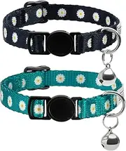 CollarDirect Cat Collar with Bell Floral Pattern 2 Pack Set Flower Adjustable Safety Breakaway Collars for Cats Kitten (Black + Aqumarine)