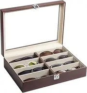 [J JACKCUBE DESIGN] JackCubeDesign Leather 8 Compartments Eyeglass Display Organiser Eyeglasses Sunglass Storage Case Box Eyewear Tray Stand Suede Inside with Acrylic Cover(Brown, 44.2 x 17 x 5cm) – :MK379B
