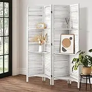 Oikiture Room Divider 4 Panel Privacy Portable Screen with Display Shelves White