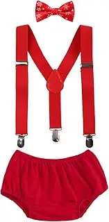 [OwlFay] Toddler Kids Baby Boys Cake Smash Clothes Diaper Cover Bloomers + Elastic Y-Back Santa Tree Suspenders + Bow Tie 3Pcs Set First Christmas 1st 2nd Birthday Outfit for Photo Prop Party Red 3-24M