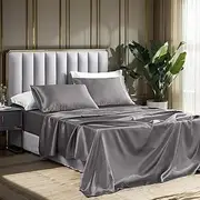 T Tersely 4 Piece Satin Sheets Queen Size Black Satin Bed Sheet Set,Deep Pocket Silky Satin Sheet Set with 1 Fitted Sheet, 1 Flat Sheet and 2 Pillow Cases- Wrinkle, Fade, Stain Resistant (Grey)