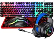 MERRYHAPY Ergonomic Gaming Keyboard Mouse Set RGB Headset Computer Keyboard Mouse -in-1 Kit for Gamers