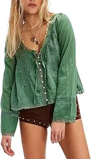 [Yiulangde] Women Lace Tie Front Top Y2k Coquette Long Sleeve Button Up Chiffon Cardigan Flowy Boho Peplum Shirt Going Out Tops