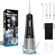 Cordless Water Dental Flosser Oral irrigator,JNGOODS 300ml Rechargeable Water flosser for Teeth IPX7 Waterproof 4 Modes Portable Irrigate with 4 Jet Tips, Travel Home use (Black)
