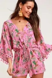 NWT Lulus Roselyn Pink Floral Print Tassel Romper, Size Small, SOLD OUT!