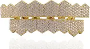 [AINTTBY] Grills street Hip Hop personality Gold Shiny Copper gold-plated teeth Grillz Vampire fangs Grills Daily wear Halloween and Party Unisex - Comes With Tweezer & Dental Wax
