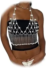 [Eyraevor] Pearl Bra Top Festival Party Outfit Women Pearl Beaded Body Chain Sexy Bikini Pearl Bralette Top Body Jewelry, one size, Pearl Beads, Pearl