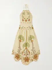 [Farm Rio] Farm Rio - Scalloped Broderie Anglaise Linen Halterneck Dress - Beige - small small Neutrals