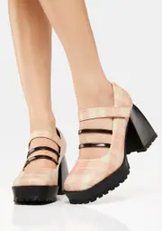 [ZEMETA] Pink Plaid Mary Jane Heels