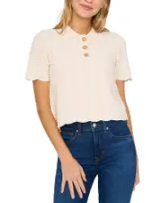 CeCe Scallop Texture Cropped Polo Shirt