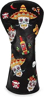 Golf Club Headcover for Drivers, Fairway Woods, Hybrids, and Mallet Blade Putter Sugar Skull Style Premium Leather Golf Headcovers Set with Interchangeable No. Tags