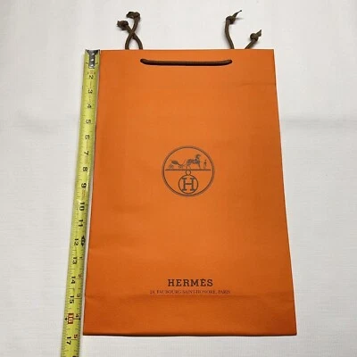 Hermes Large Gift Bag Paper Orange 16.75”x 11”x 4" With 69” Ribbon New Authentic