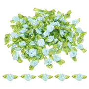 Mini Ribbon Roses, 200 Pcs Satin Fabric Flowers with Green Leaves, Light Blue
