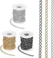 uxcell 49.2Ft Aluminium Curb Chains Twisted Links, 3 Rolls 9x6mm Curb Chain Spool Jewelry Making Chains Craft Chain for Necklace Bracelet Earring, Gold/Silver/Black