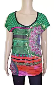 €49 DESIGUAL sz M WOMENS TUNIC BLOUSE TOP SHORT SLEEVES STRIPED FLORAL CHIFFON