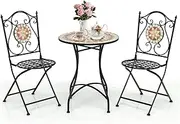 Costway 3 Piece Patio Bistro Set, Mosaic Pattern Metal Dining Set, Round Table & 2 Folding Chairs, Heavy-Duty Metal Frame, Decorative Elegant Dining Chair Set for Indoor Outdoor Use