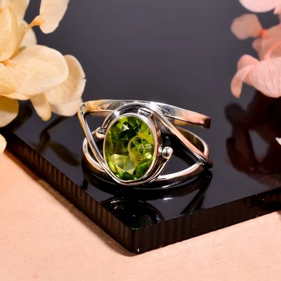 Green Peridot Faceted Ring 925 Sterling Silver Wedding Engagement Rings Jewelry