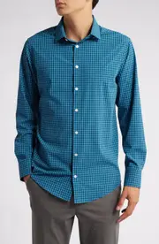 Mizzen+Main Leeward Trim Fit No Tuck Check Performance Button-Up Shirt in Sea Ludlow Plaid at Nordstrom, Size X-Large