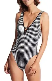 NEW Seafolly Check In Deep V One Piece AU 12 Swimsuit BNWT Black & White