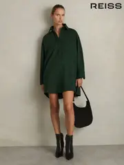 Reiss Green Lauren Shirt-Style Shift Dress With Wool (AK6101) | $465
