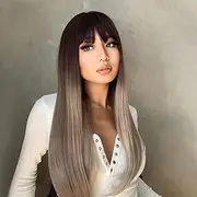 Creamily Women's Long Straight Synthetic Wig with Bangs, Ombre Purple to Grey, Heat Resistant Fiber, Closed Cap Network, Versatile Basic Style for Daily Wear and Cosplay