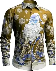 [Generic] Casual Short Loose Christmas Santa Snowman Pattern Long Sleeved Shirt Athletic Shirt Men