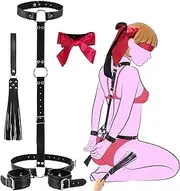 Sex Bondage BDSM Kit Restraints - Couple Sex Toys with Neck to Wrist Behind Back Handcuffs Collar & Blindfold & Whip, Soft Leather Bondage Gear & Accessories, Adult Sex Straps SM Slave Gameplay Tools