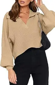 [CHYRII] Women Overized Puff Long Sleeve V Neck Knitted Polo Pullover Sweater Jumper Tops