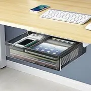BDZBREN Under Desk Drawer Organizer - Extra-Wide Hidden Storage Tray with Slide-Out Design, Under Table Shelf for Office/Home Accessories (Black Transparent, L)