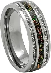 [PCH Jewelers] Created-Opal Ring with Imitated Meteorite 8mm Tungsten Wedding Band or Gift 7-13