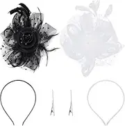 [GORGECRAFT] 2 Sets Fascinator Mesh Veil Black Hat Hairband White Flower Ribbons Small Pillbox Hat Headwear Feathers Clip Vintage Retro Fascinators for Women Makeup Cocktail Tea Dancing Party