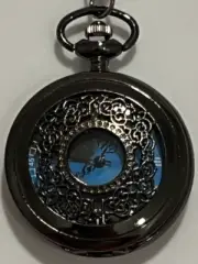 Quartz Pocket Watch Black Hollow Case Cover Blue Starry Night Dial Analog New