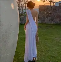 在飛比找Yahoo!奇摩拍賣優惠-希臘女神 異國波西米亞風白色無袖大露背連身長洋裝長裙S-L 