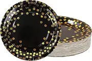 60 Pcs Paper Plates for New Year 7 Inch Party Plates Disposable Black and Gold Party Tableware Set for Anniversaries Baby Shower Wedding Birthday Party Decorations