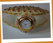 Marble Hand Painted Pure Gold Leaf Design Clock, Desk Table Clock From India