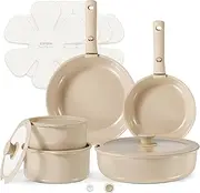 CAROTE 15pcs Pots and Pans Set, Ceramic Cookware Set Detachable Handle, Induction Nonstick Kitchen Cookware Sets with Removable Handle, Non Stick RV Cookware Set, Oven Safe Cookware Set, Taupe