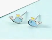 Tiny Blue Whale Fish Silver Enamel Stud Earrings