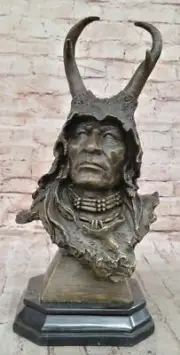 Rare Indian Native American Art Chief Eagle Bust Bronze Marble Statue Sculpture
