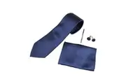 Mens Navy Plain Striped Matching Neck Tie, Pocket Square, Cuff Links And Tie Clip Set
