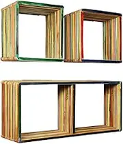 Wall Shelf Set Multicolour Solid Reclaimed Teak Shelves with Floating Frame & Bracket Hanging for Decor