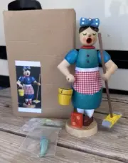 Handcrafted Wooden Incense Burner Cleaning Woman with Mop German Vintage NIB!!