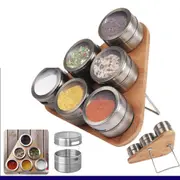 7PCS Magnetic Triangular Bamboo Spice Rack & Jars Storage Organiser Holder