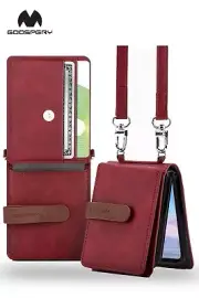 Samsung Z Flip 6 5 4 Leather Wallet Case, Card Holder, Strap, Goospery