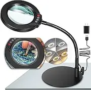 Krstlv 10X Magnifying Glass with Light and Stand, 5 Color Modes Stepless Dimmable LED Lighted Desk Lamp, Hands Free Flexible Gooseneck Magnifier with Light for Craft Hobby Painting Sewing Close Work
