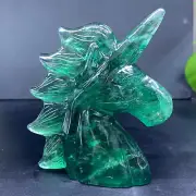 TOP Natural Green Fluorite Quartz Carved Unicorn Skull Healing Gem Decor Gift
